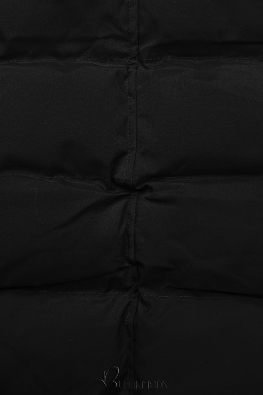 Fekete színű téli kabát, derekán behúzással