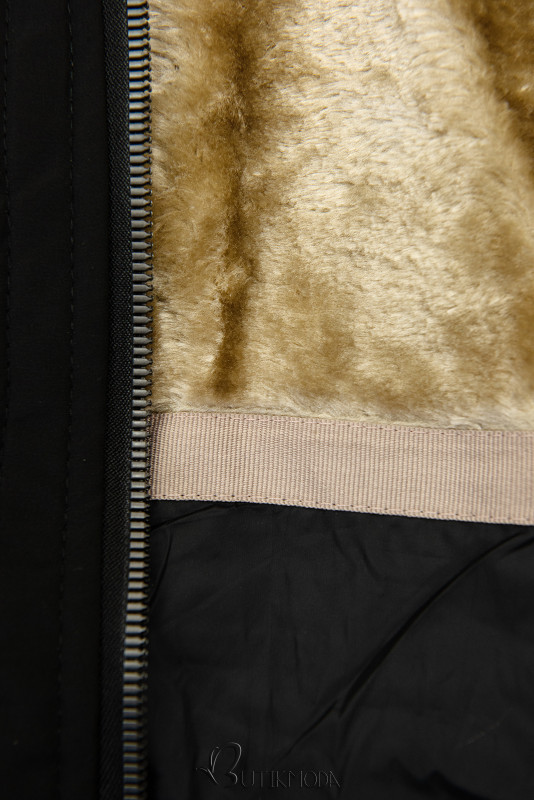 Fekete színű téli kabát, derekán behúzással