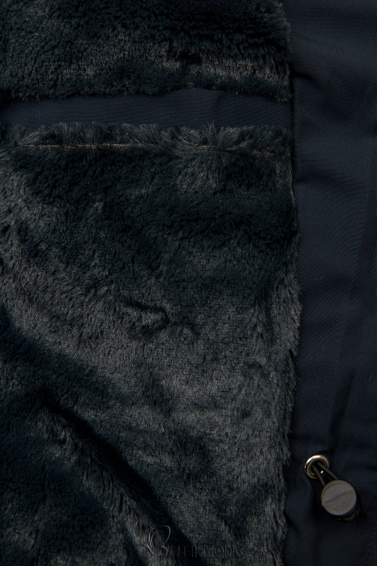 Sötétkék színű téli kabát barna színű műszőrmével