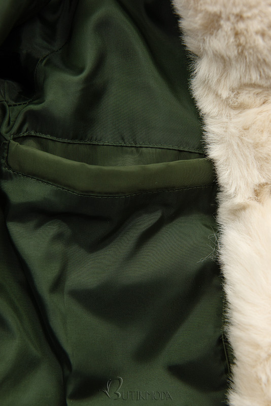 Khaki/krémszínű steppelt téli kabát derékban behúzással