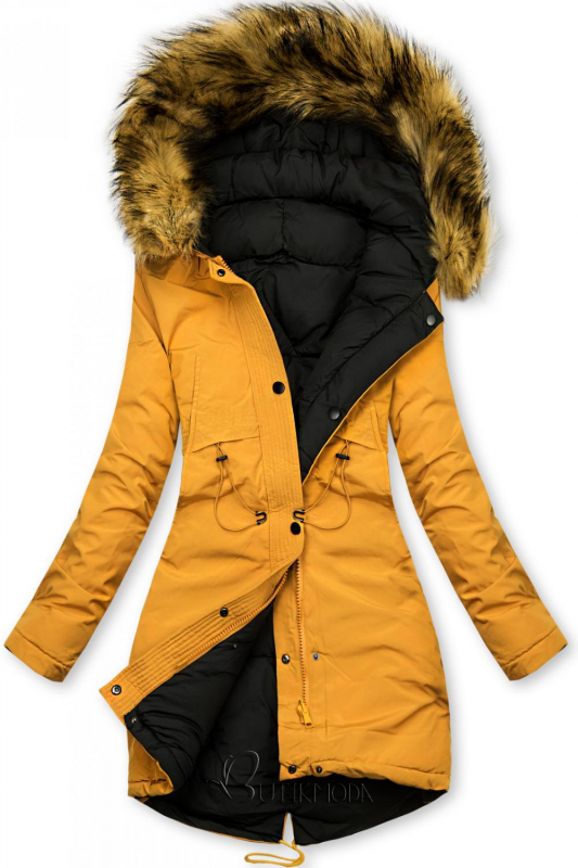 Sárga és fekete színű kifordítható téli kabát
