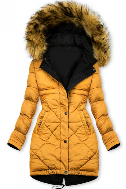 Fekete és sárga színű kifordítható téli kabát