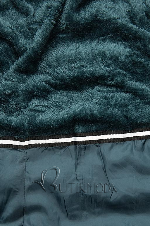 Kék-zöld színű kabát levehető kapucnival