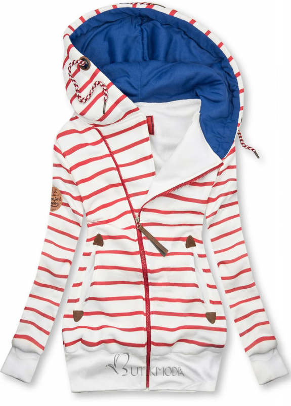 Fehér és piros színű csíkos felső kék színű kapucnival