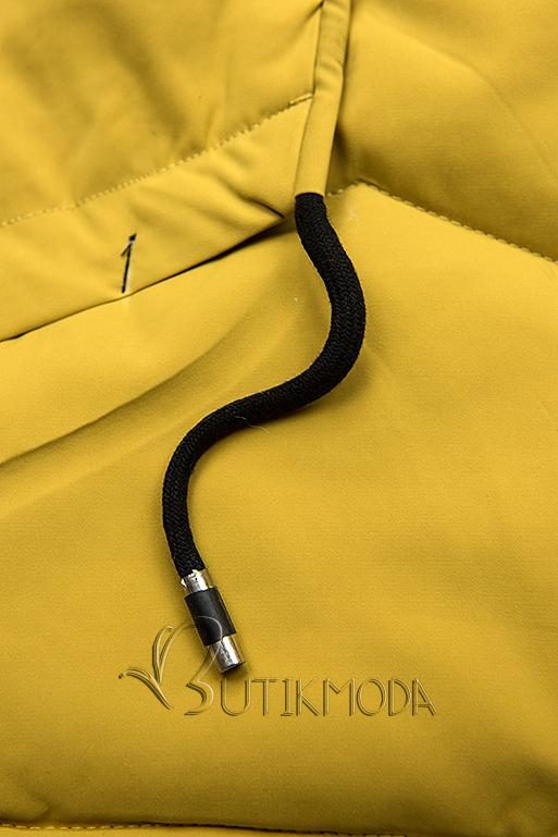 Sárga színű téli kabát fekete színű elemekkel