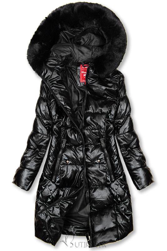 Fekete színű fényes steppelt kabát