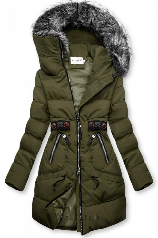 Khaki színű téli kabát fekete színű elemekkel
