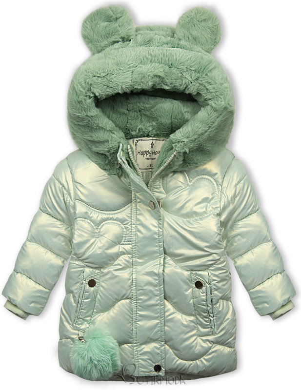 Mentazöld színű téli kabát műszőrme kapucnival