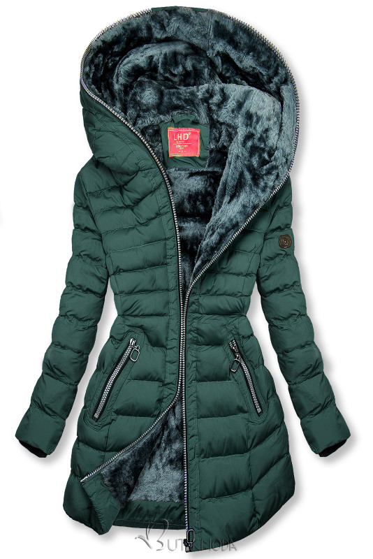Téli steppelt kabát kapucnival - sötétzöld színű