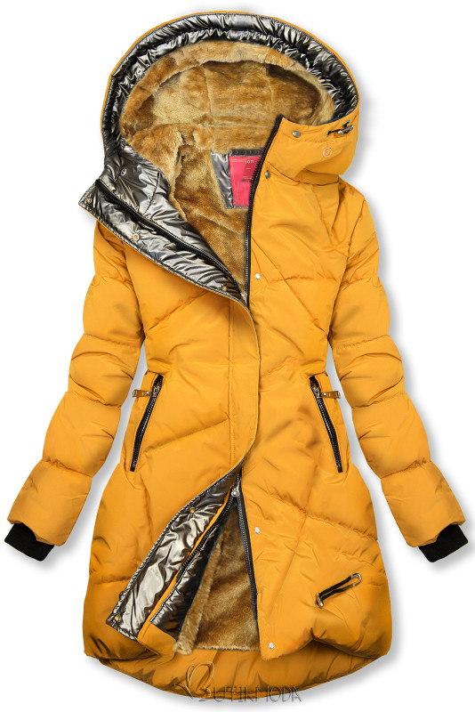 Sárga és karamellszínű téli kabát ezüstszürke színű szegéllyel
