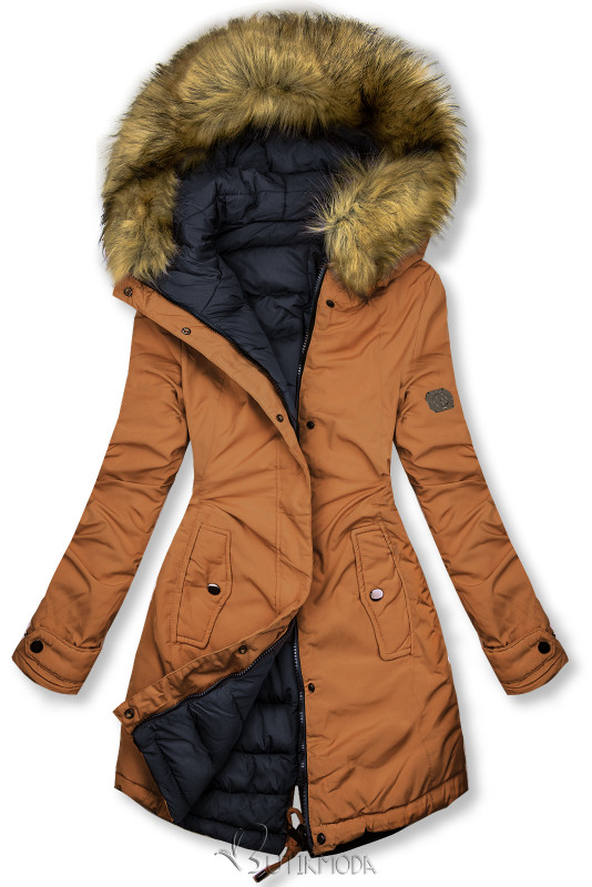 Barna és kék színű kifordítható téli kabát