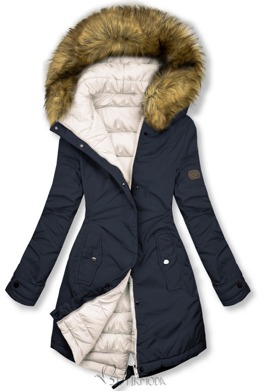 Sötétkék és tejfelfehér színű kifordítható téli kabát