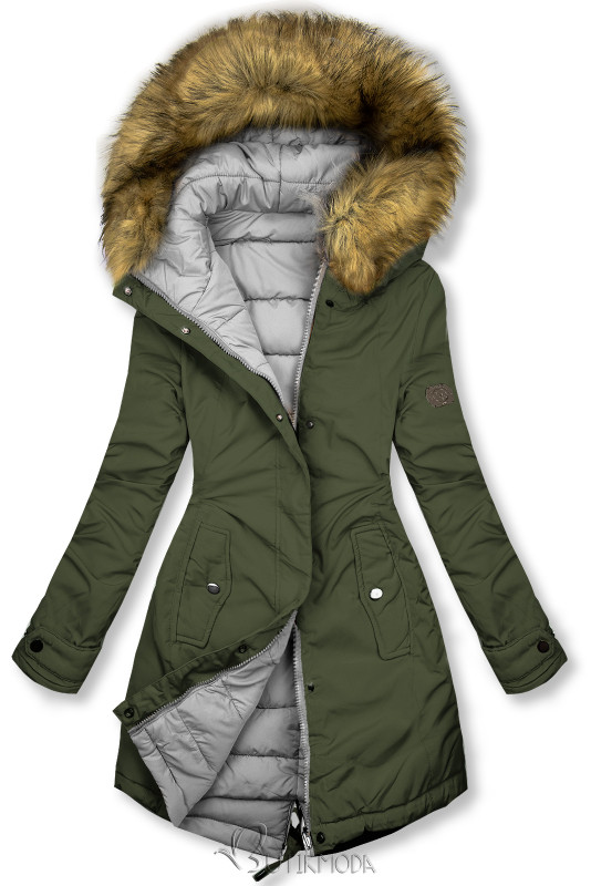 Khaki és szürke színű kifordítható téli kabát