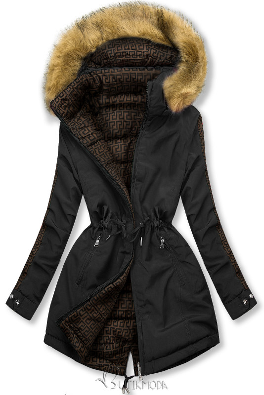 Fekete és barna színű steppelt kifordítható kabát