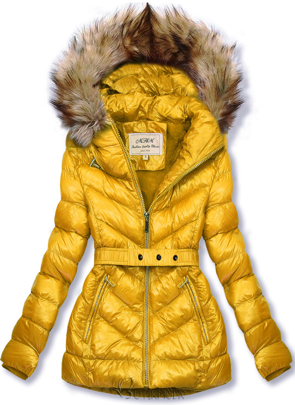 Sárga színű rövid téli kabát barna színű műszőrmével