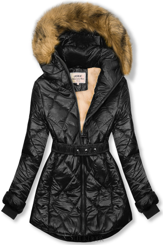 Fekete és bézs színű fényes téli kabát övvel