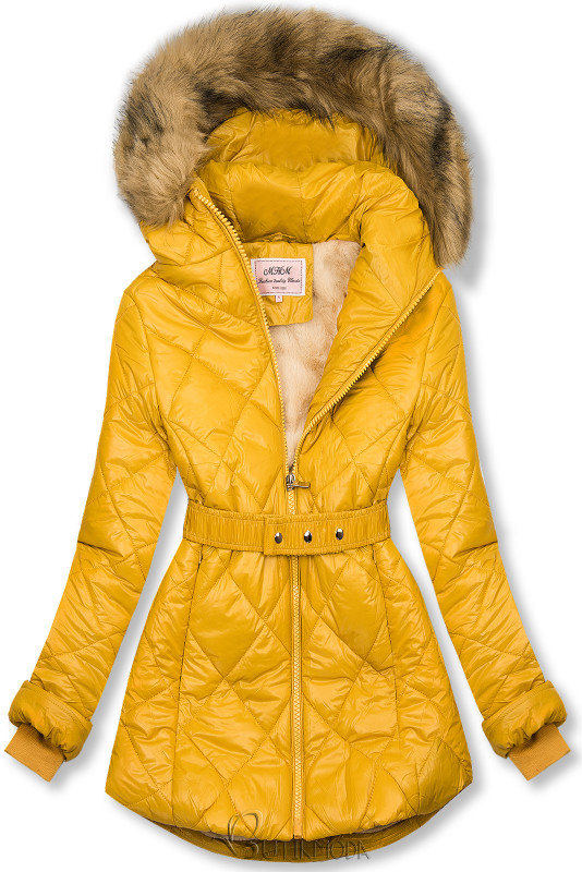 Sárga színű fényes téli kabát övvel