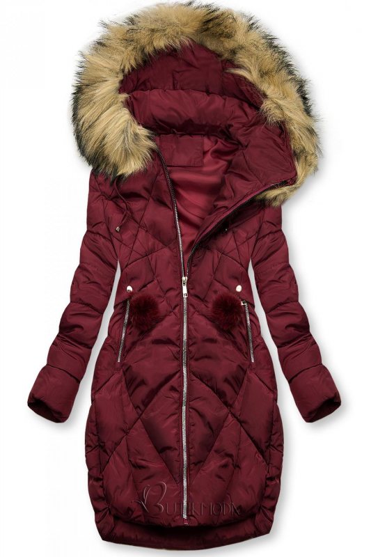 Bordó színű téli kabát pompommal