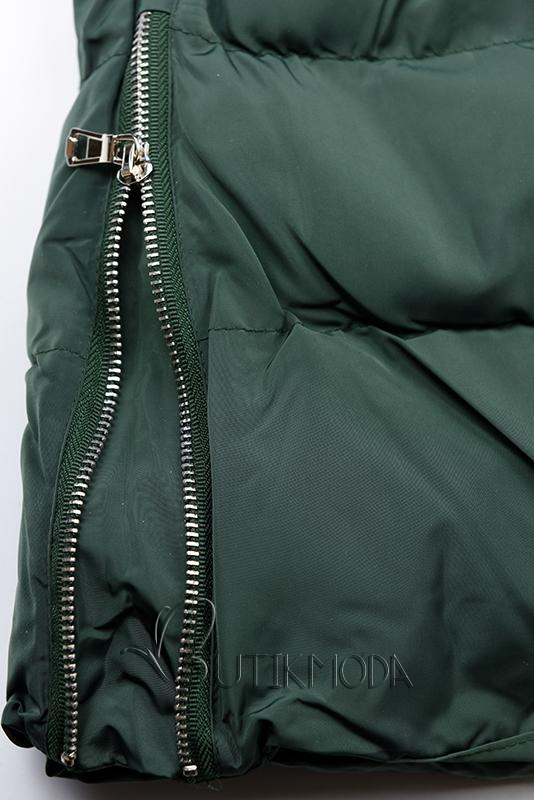 Zöld színű steppelt kabát, levehető gallérral