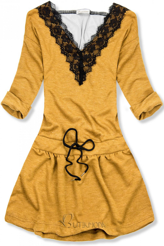 Mustársárga színű rövid ruha csipkével