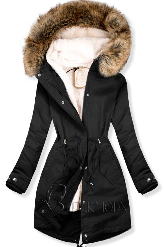Parka kabát meleg, plüss béléssel - fekete színű