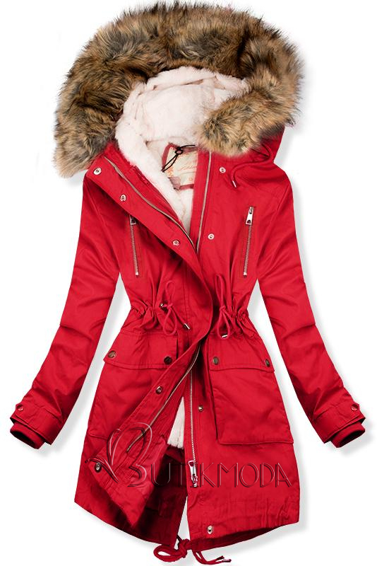 Piros színű parka kabát, meleg plüss béléssel