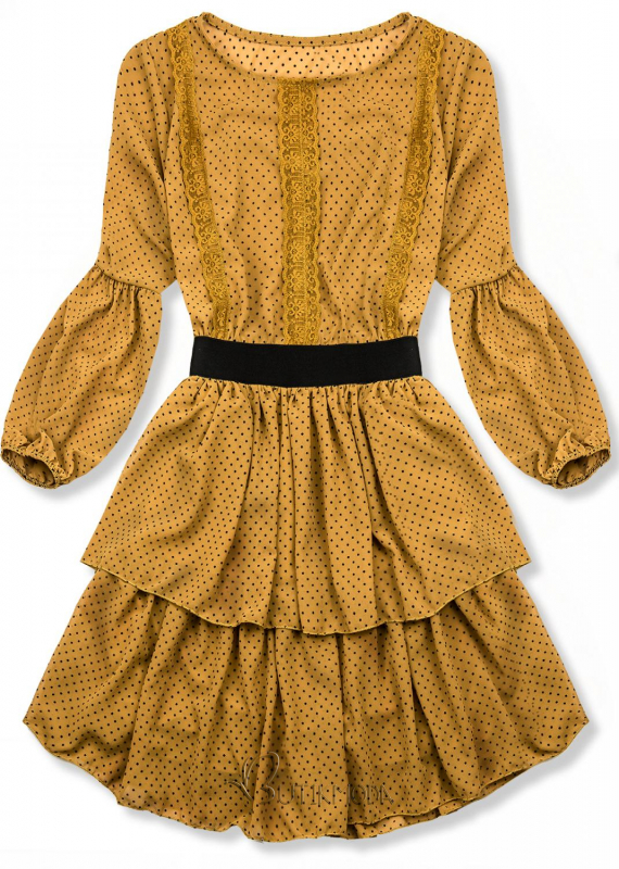 Mustársárga színű elegáns, pöttyös ruha