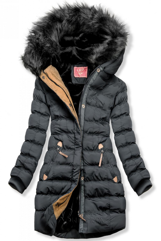 Szürke színű téli steppelt kabát plüssel