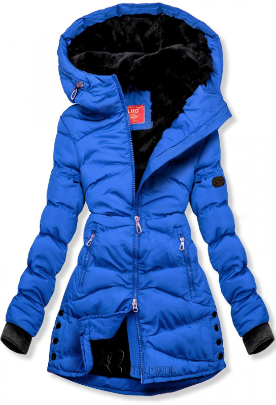Kék színű téli steppelt kabát plüssel
