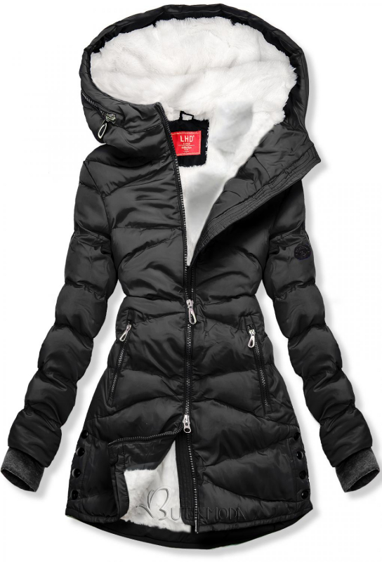 Fekete színű téli steppelt kabát plüssel