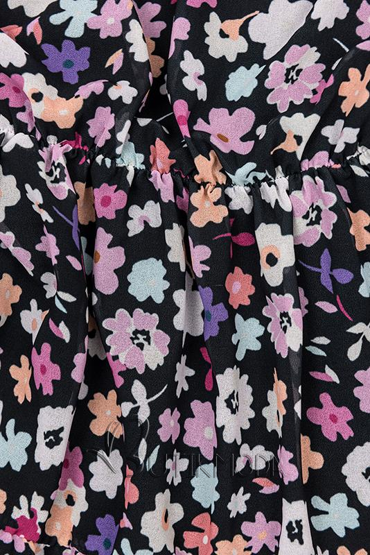 Fekete és lila színű virágmintás ruha