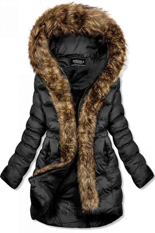 Fekete színű téli kabát, műszőrme szegéllyel