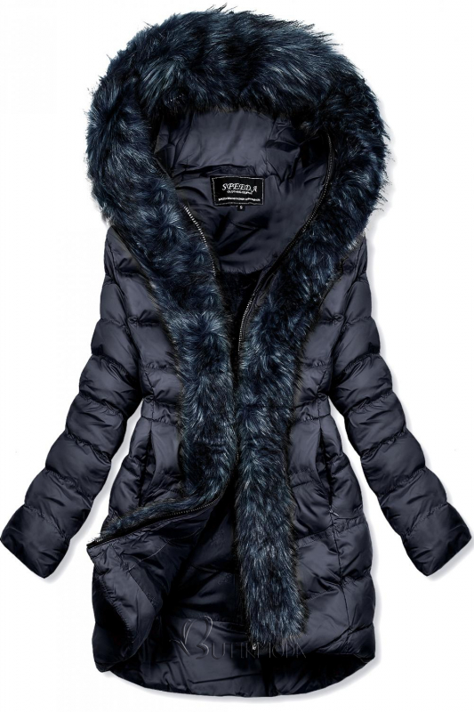 Kék színű téli kabát, műszőrme szegéllyel