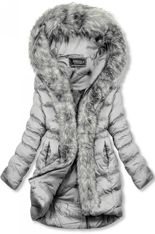 Szürke színű téli kabát, műszőrme szegéllyel