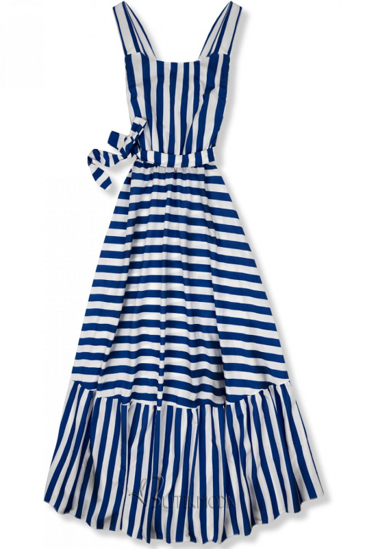 Kék és fehér színű, tengerész stílusú maxi ruha