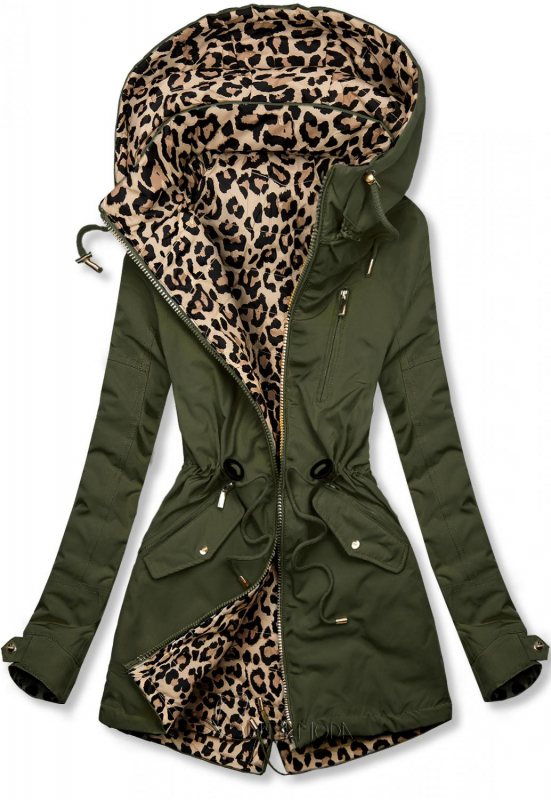 Khaki színű kifordítható parka leopárd mintával