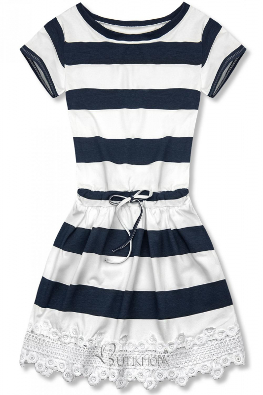 Kék és fehér színű csíkos ruha csipkével X.