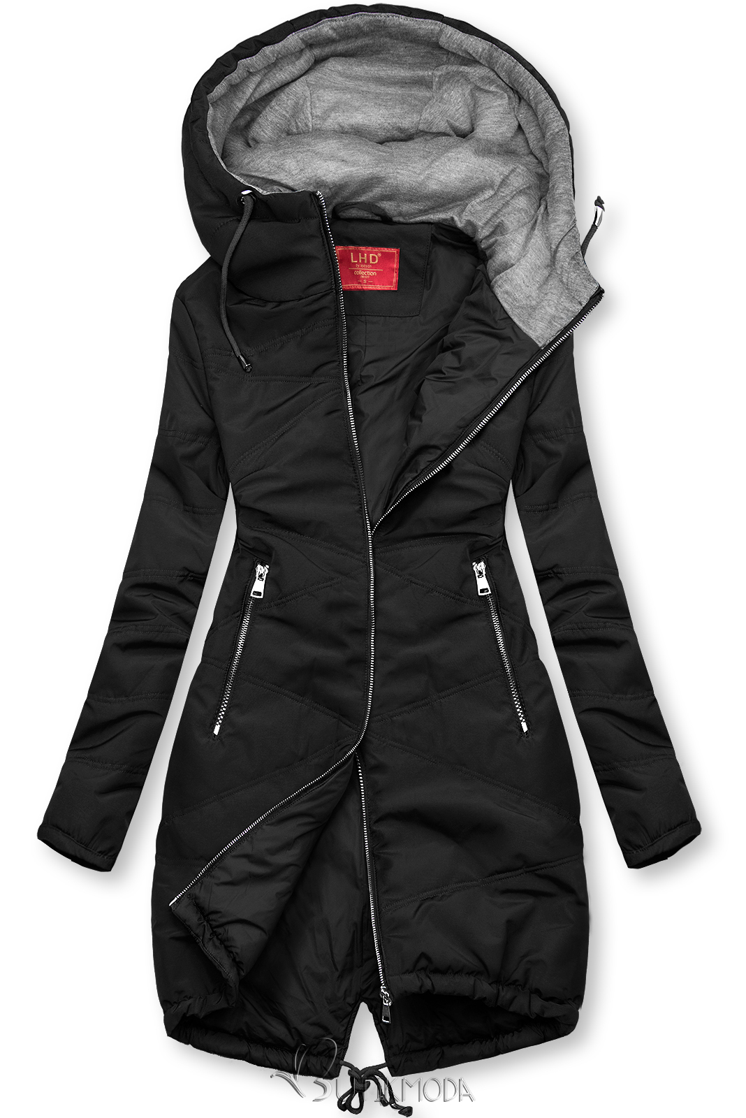 Fekete színű hosszított kabát kapucnival