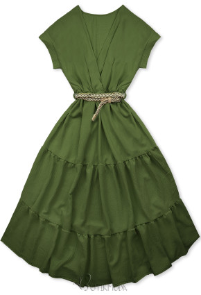 Olívazöld színű nyári midi ruha övvel