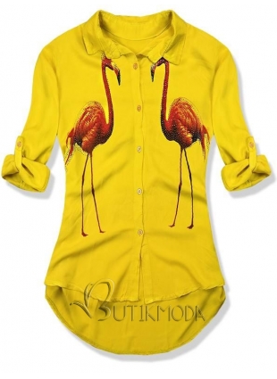 Sárga színű ingblúz, flamingó mintával