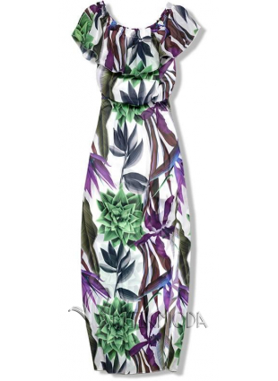 Lila és zöld színű virágmintás maxiruha