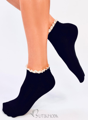 Női zokni horgolt szegéllyel - fekete színű