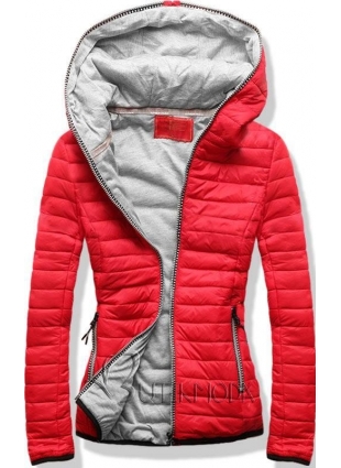 Piros és szürke színű steppelt dzseki