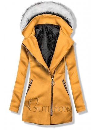 Mustársárga színű kapucnis kabát