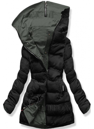 Kheki és fekete színű kifordítható kabát