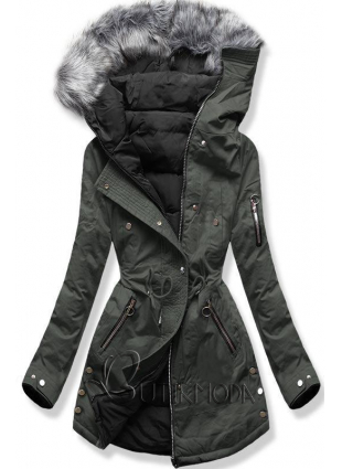 Kheki és fekete színű kifordítható kabát