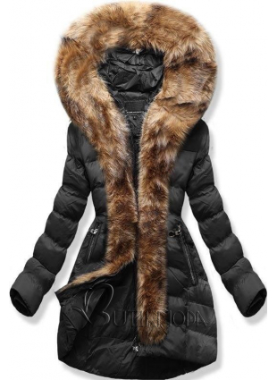 Fekete színű téli kabát műszőrme szegéllyel