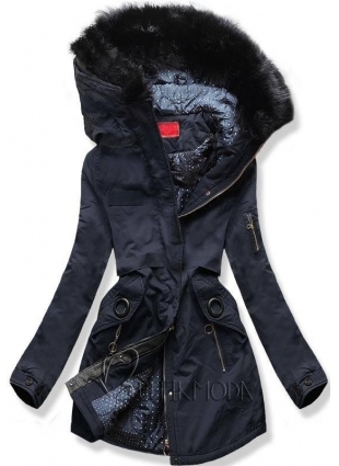 Téli parka kabát, pöttyös béléssel - sötétkék színű