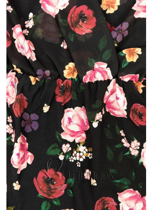 Fekete és piros színű virágmintás ruha fodorral