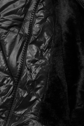 Fekete színű fényes téli kabát övvel